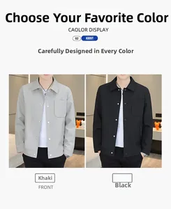 Detail view of khaki and black casual shirt jackets with silver metal buttons and chest pockets