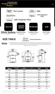 Size chart for men jacket showing chest and shoulder measurements from size M to 7XL