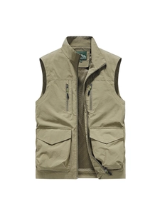 Men Outdoor Multi-Pocket Fishing Vest Quick Dry Utility Cargo Waistcoat Stand Collar Mesh Lining Photographer Gilet Jacket