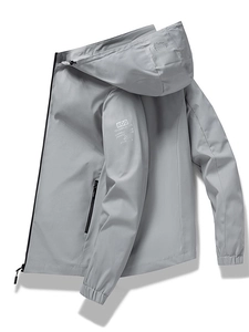 Men's grey waterproof hooded jacket with detachable cap and mountain logo print detail