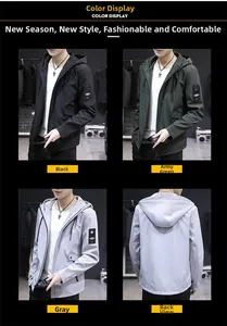 Men's casual hooded jackets shown in black, army green and grey with sleeve badge detail
