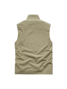 Back view of men's outdoor khaki utility vest with stand collar and ripstop fabric