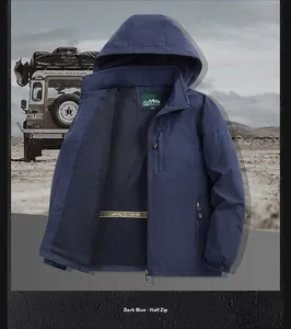 Detail of dark blue waterproof outdoor jacket featuring breathable mesh lining and pockets