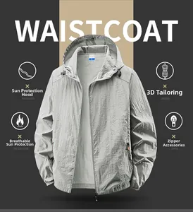 Macro detail of breathable light gray fabric on men's hooded sun protection jacket