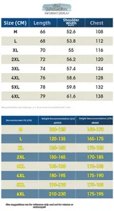 Detailed size chart for men casual shirt jacket covering sizes M to 6XL with measurements