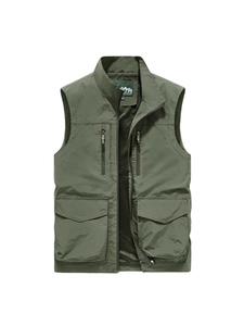 Deep green outdoor vest with multi-pockets, stand collar, and breathable mesh lining