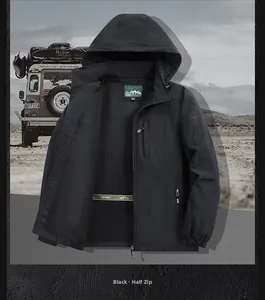 Men's outdoor windbreaker jacket with adjustable hood and breathable mesh lining detail