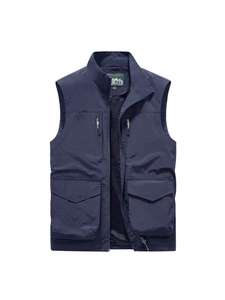 Men's navy multi-pocket outdoor vest with stand collar and breathable mesh lining