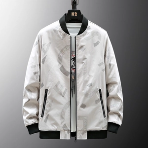 Veste Bomber Homme Mode Imprimé Lettres Col Montant Poches Zippées Polyester Décontracté Streetwear Manteau Printemps Automne