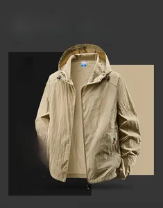Waterproof and breathable men's hooded sun protection jacket in khaki outdoor fabric