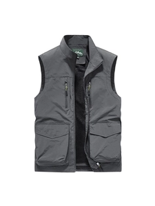Men's dark grey multi-pocket outdoor vest with stand collar and breathable mesh lining
