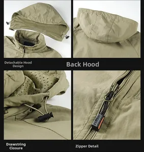 Detail view of khaki jacket showing detachable hood, breathable mesh lining and sports zipper