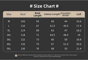 Detailed size chart for lightweight sun protection jacket from M to 5XL for men