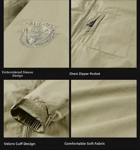 Detailed outdoor jacket features showing embroidered sleeve patch and adjustable cuffs