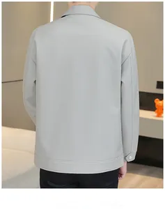 Rear view of a light gray men's jacket showing fine vertical stripe texture and casual fit