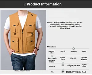 Detailed chart showing multi-pocket fishing vest features and 100% polyester fabric info