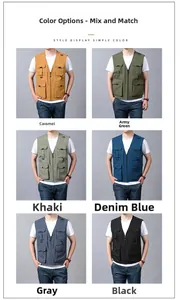Detail grid showing six colors of tactical fishing vest with multiple pockets and D-rings