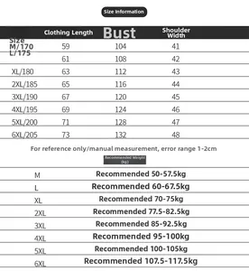 Detailed size chart for fishing vest showing measurements from M to 6XL with weight guide