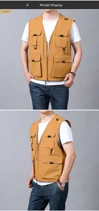 Front and side view of caramel multi-pocket fishing vest with tactical functional design