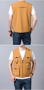 Detailed front and back view of khaki functional fishing vest with multi-pocket design