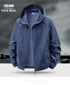 Detail view of navy blue hooded sun protection jacket with zip pockets and elastic cuffs