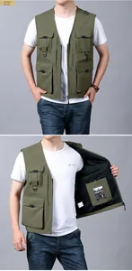 Army green fishing vest with multi-pocket utility design and breathable mesh lining detail