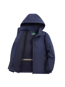Men's navy blue hooded outdoor jacket with windproof fabric and breathable mesh lining