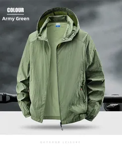 Detailed view of the military green sun protection jacket fabric and zippered pockets