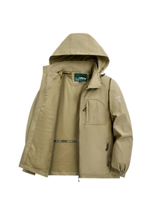 Men's khaki hooded outdoor jacket with windproof fabric and breathable mesh lining