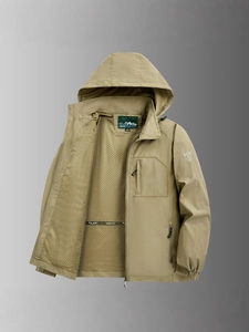 Khaki men's windproof outdoor sports jacket with detachable hood and mesh lining