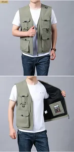 Detail of khaki multi-pocket tactical vest showing interior mesh and functional D-ring hook