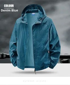Detailed view of the denim blue breathable outdoor sun protection jacket with hood