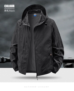 Detail of black hooded sun protection jacket with lightweight water-resistant texture