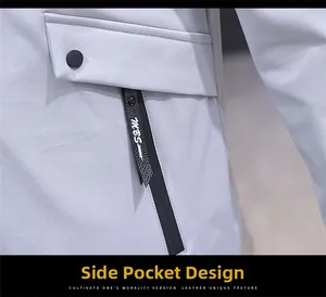 Detail of light grey jacket side pocket with flap cover and MBS leather zipper pull