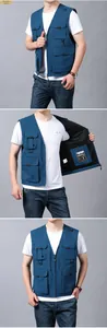 Close-up detail of Denim Blue fishing vest with multi-pocket design and V-neck styling