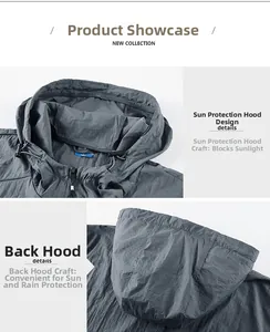 Close-up detail of gray hooded jacket with SPIRIT print and adjustable drawstring hood