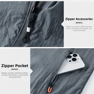 Close-up of the durable zipper and secure side pockets on the grey sun protection jacket