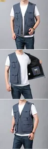 Detailed views of gray multi-pocket tactical fishing vest with durable fabric and D-rings