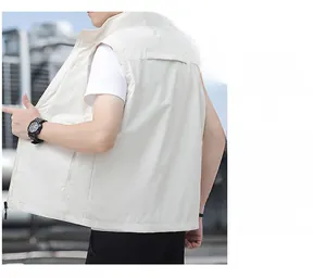 Detail showing the breathable back vent and windproof fabric of this men's outdoor vest