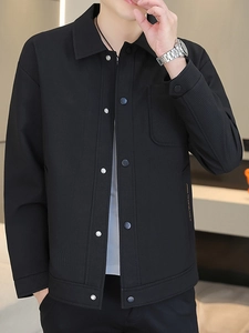 Men's casual black shirt jacket with vertical rib texture and metal snap buttons