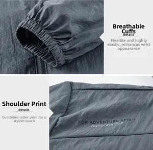 Detail of breathable elastic cuffs and outdoor printed logo on a hooded sun jacket
