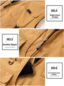Detail view of khaki tactical fishing vest featuring large pockets and metal zippers