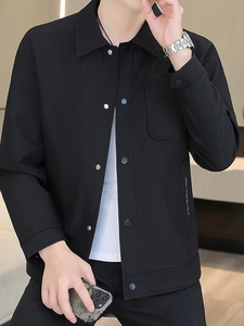 Men's casual black shirt jacket with vertical embossed texture and classic lapel collar