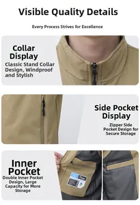 Detail view showing stand collar, zipper side pockets and mesh lining on khaki fishing vest