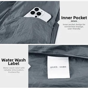 Detail of the inner pocket and wash tag on this breathable gray sun protection jacket