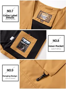 Quality details of khaki outdoor vest featuring mesh lining and functional hooks