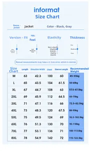 Detailed size chart for men's casual stand collar jacket with measurements in centimeters