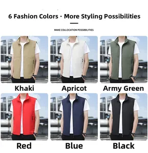 Detailed multi-color display of men's lightweight outdoor vest with zipper pockets