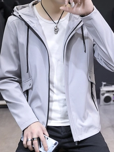 Men's light grey hooded windbreaker jacket with zipper and pockets in casual slim fit