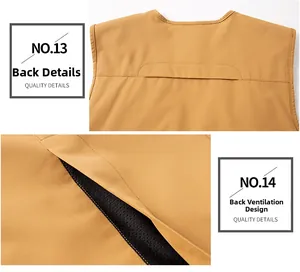 Detail of khaki outdoor vest showing back ventilation hole with black mesh lining